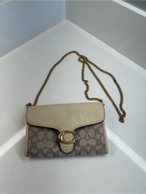 Coach Tabby Chain Clutch Wallet Beige Signature Canvas Leather Crossbody Bag